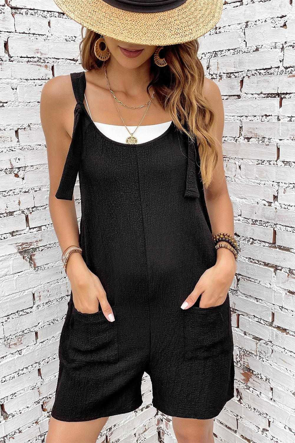 brown shoulder strap pocket textured romper