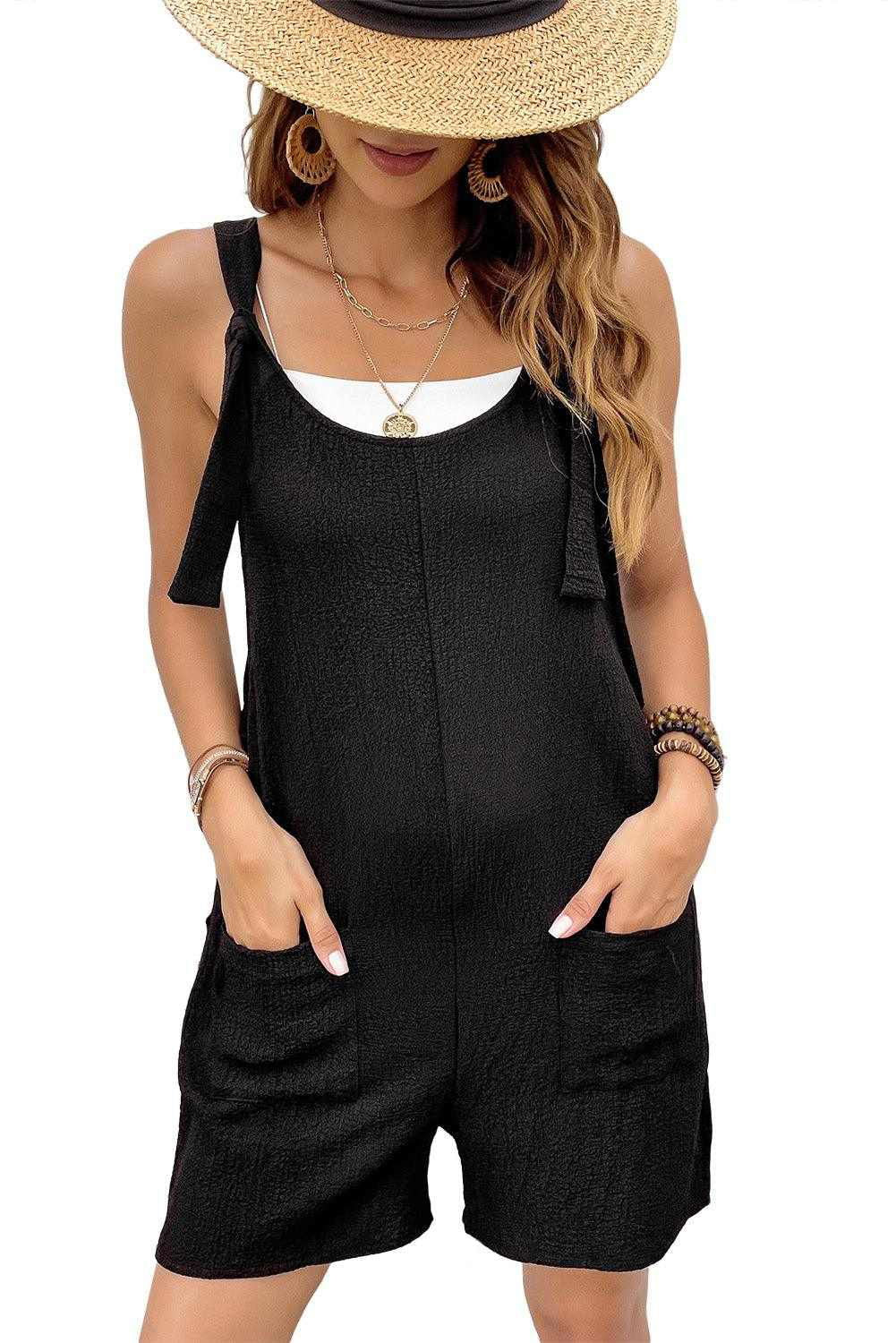 brown shoulder strap pocket textured romper