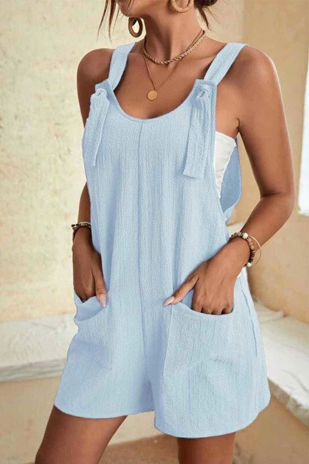 brown shoulder strap pocket textured romper