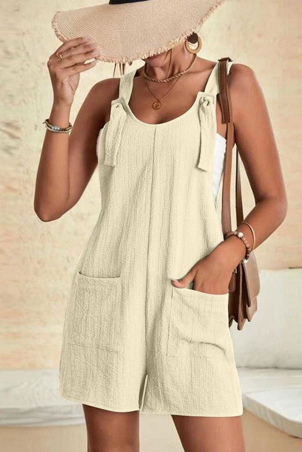 brown shoulder strap pocket textured romper