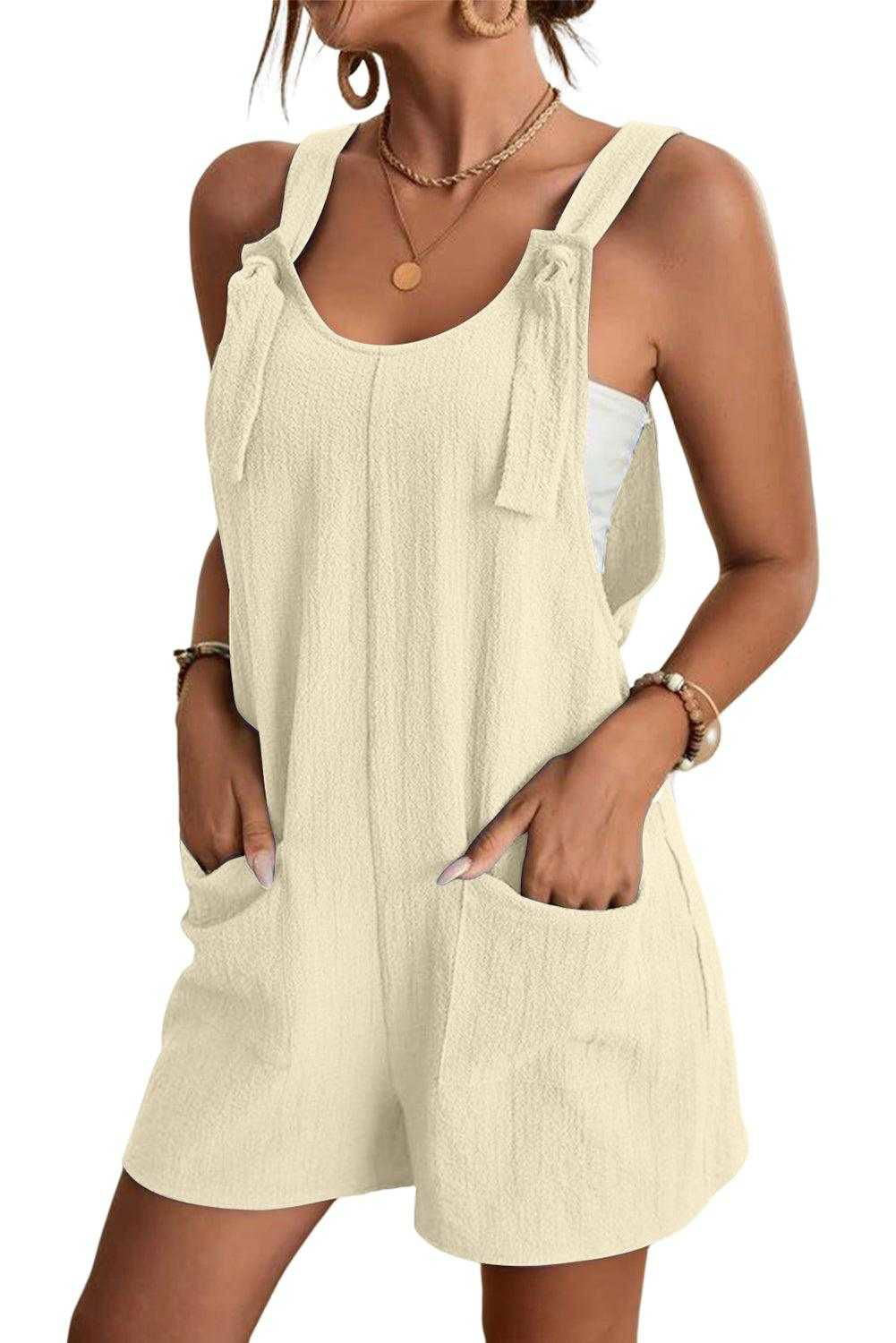 brown shoulder strap pocket textured romper