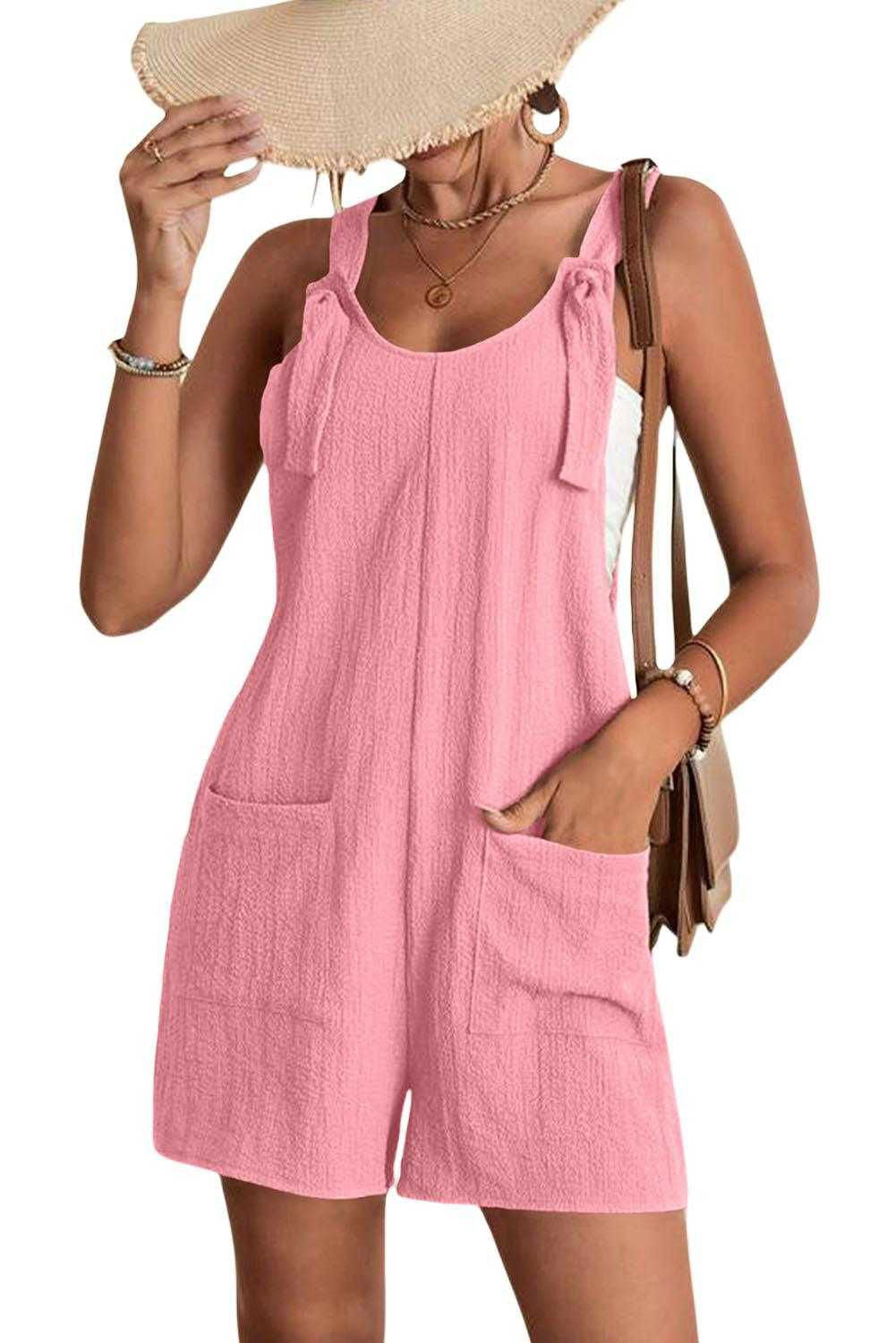 brown shoulder strap pocket textured romper