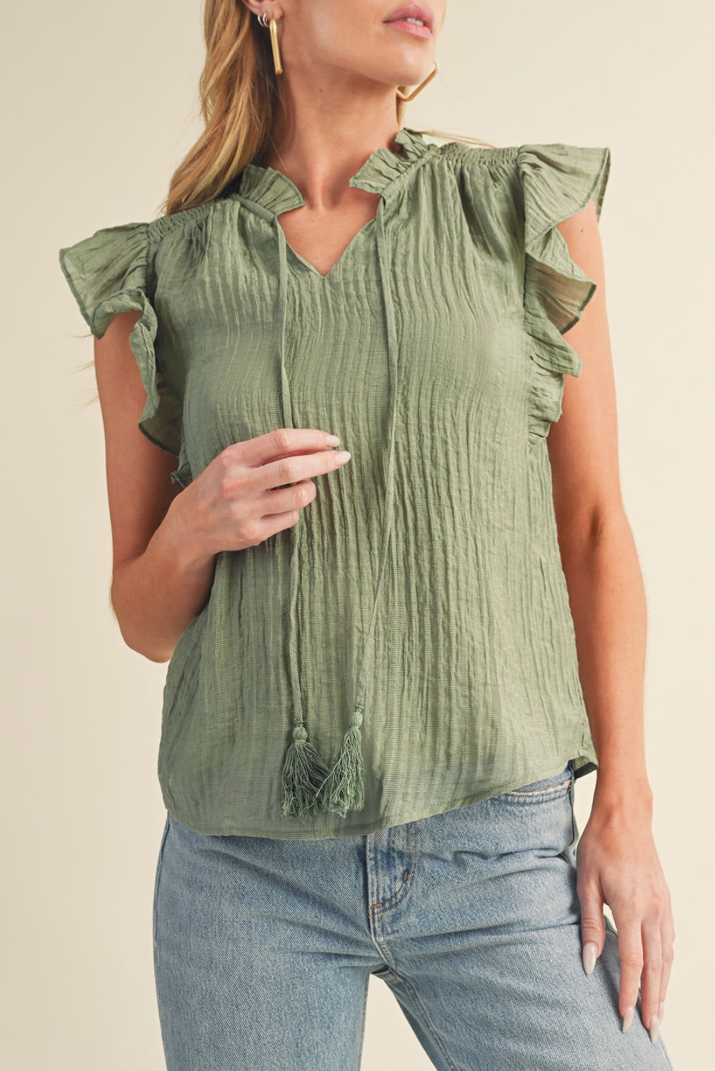 Meadow Mist Green V Neck Flutter Sleeve Textured Blouse - Vesteeto