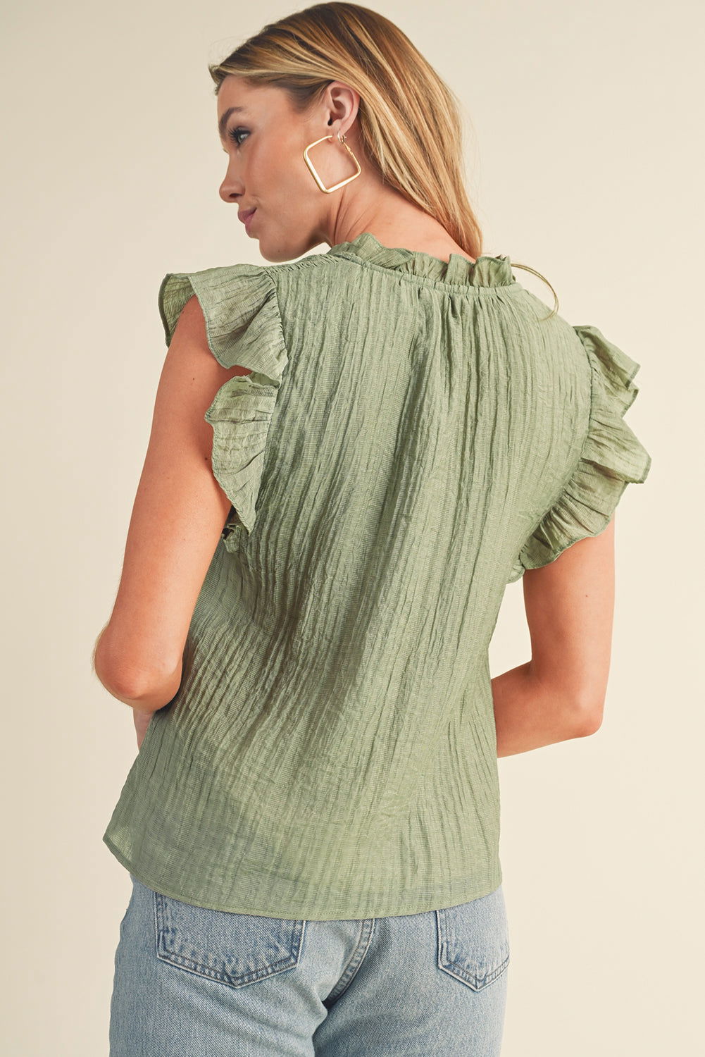 Meadow Mist Green V Neck Flutter Sleeve Textured Blouse - Vesteeto