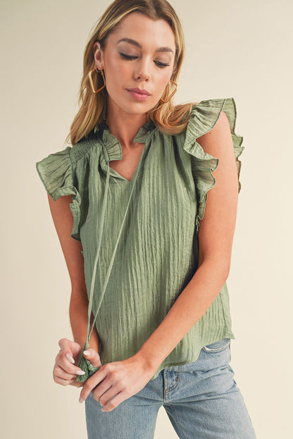 Meadow Mist Green V Neck Flutter Sleeve Textured Blouse - Vesteeto