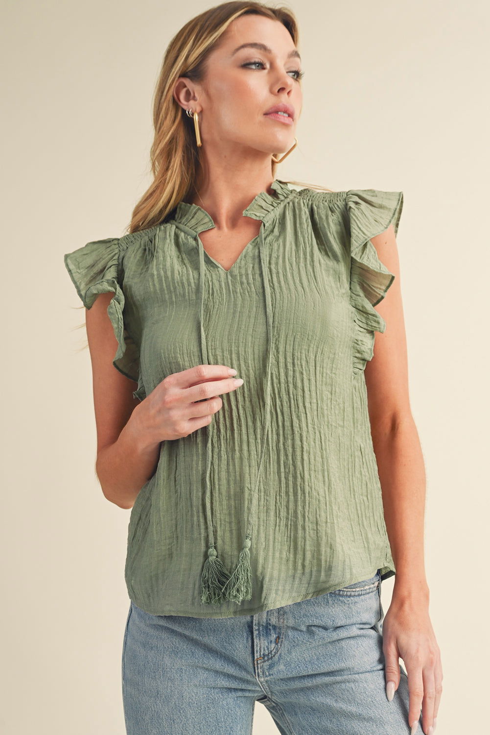 Meadow Mist Green V Neck Flutter Sleeve Textured Blouse - Vesteeto