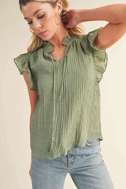 Meadow Mist Green V Neck Flutter Sleeve Textured Blouse - Vesteeto