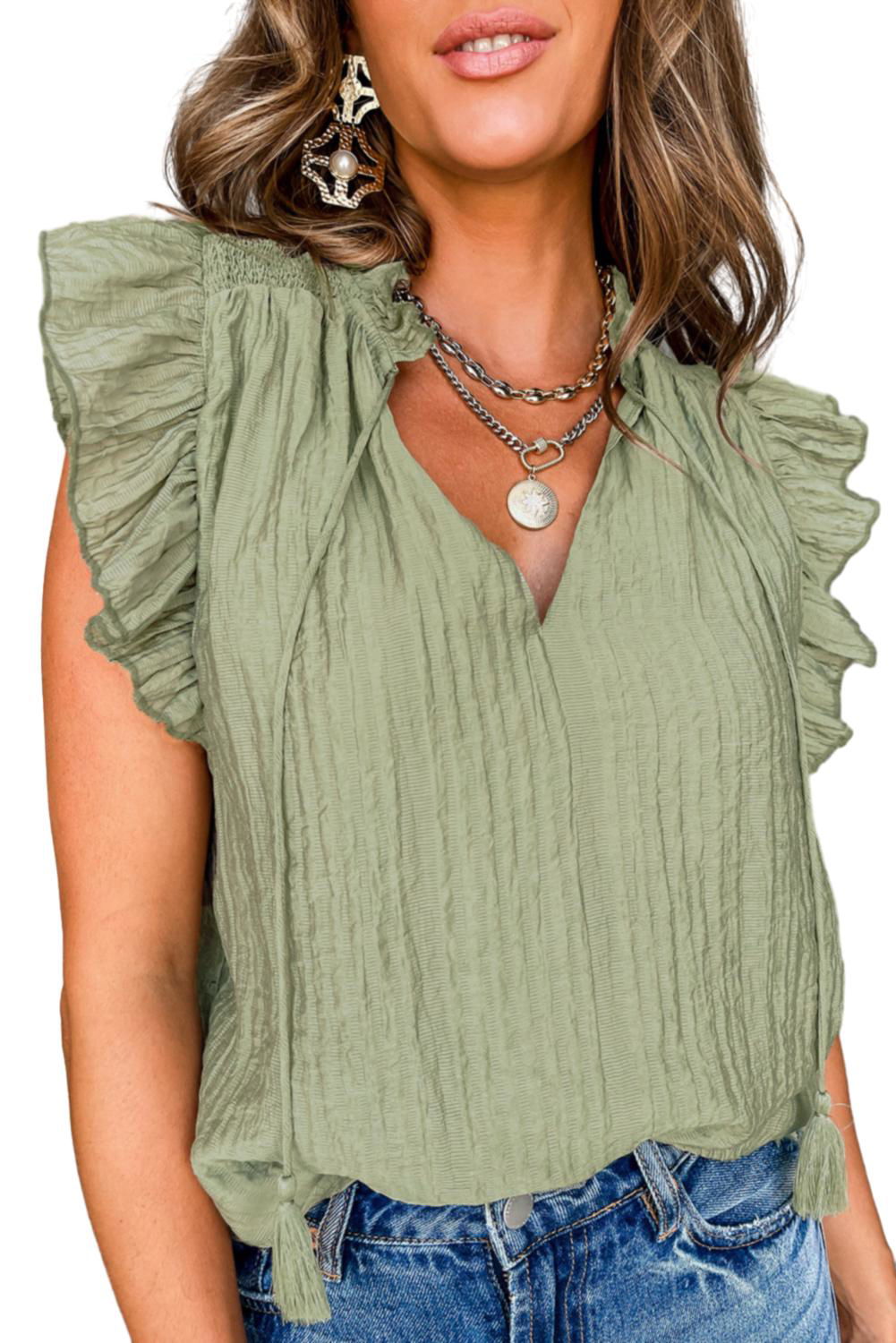 Meadow Mist Green V Neck Flutter Sleeve Textured Blouse - Vesteeto