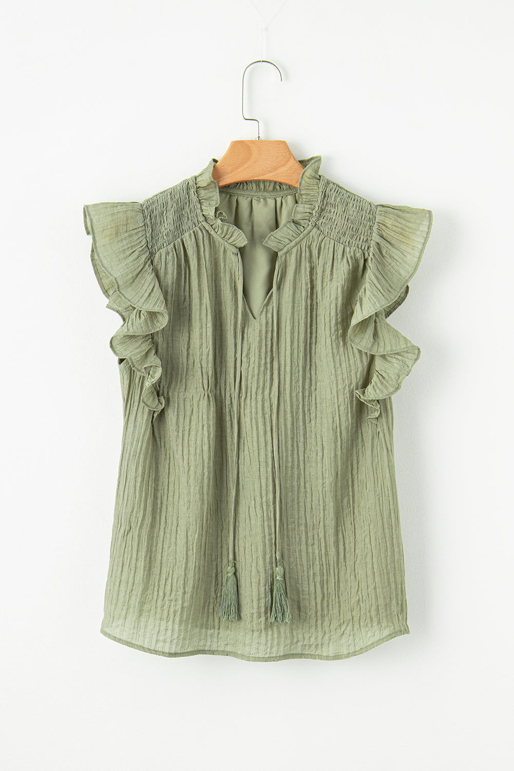 Meadow Mist Green V Neck Flutter Sleeve Textured Blouse - Vesteeto