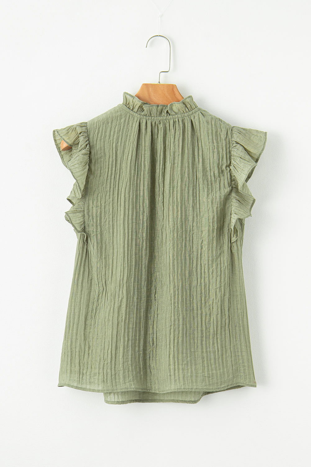 Meadow Mist Green V Neck Flutter Sleeve Textured Blouse - Vesteeto