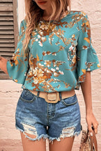 Mineral Blue Floral Print Round Neck Flounce Sleeve Blouse - Vesteeto