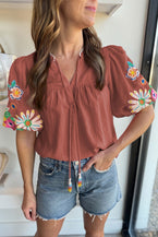 Mineral Red Floral Embroidered Puff Sleeve Split Neck Blouse - Vesteeto