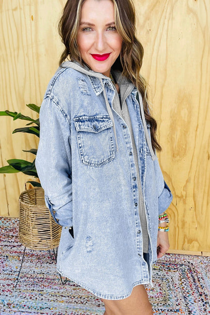 Mist Blue Oversized Hooded Patchwork Denim Jacket - Vesteeto