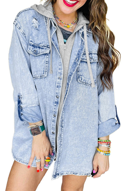 Mist Blue Oversized Hooded Patchwork Denim Jacket - Vesteeto