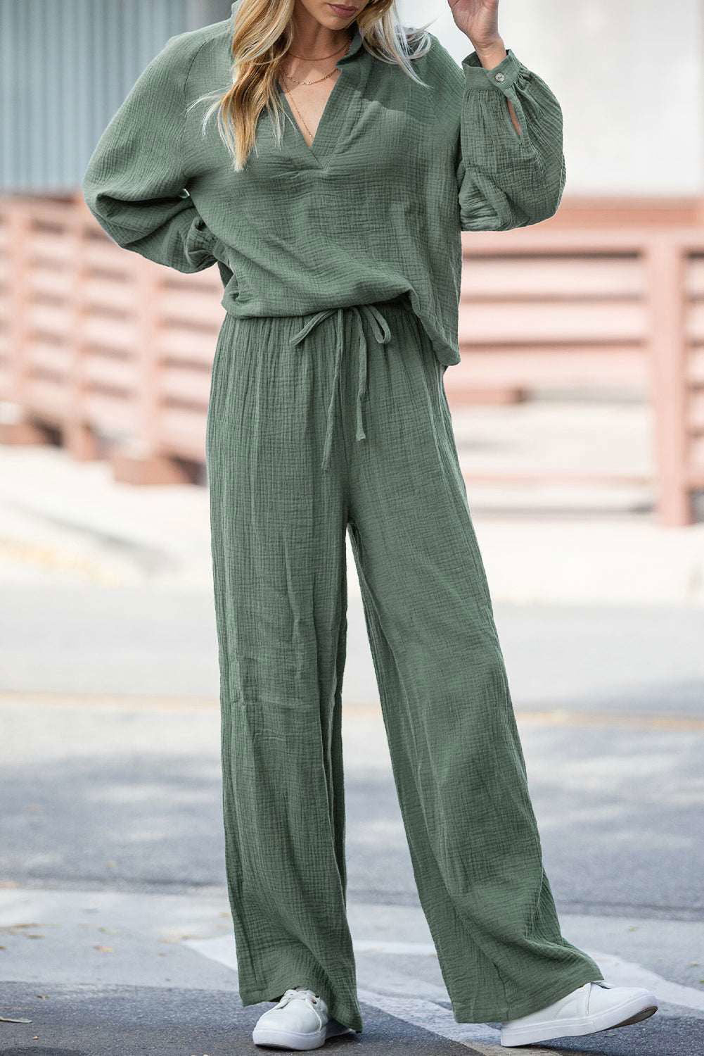 Mist Green Crinkle Split Neck Top Loose Drawstring Pants Set - Vesteeto