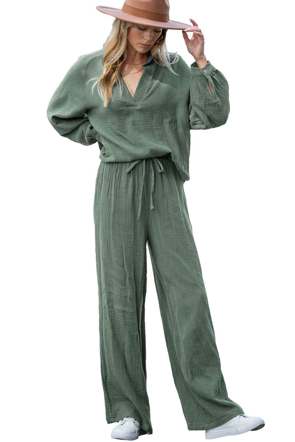 Mist Green Crinkle Split Neck Top Loose Drawstring Pants Set - Vesteeto