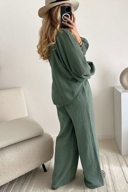 Mist Green Crinkle Split Neck Top Loose Drawstring Pants Set - Vesteeto