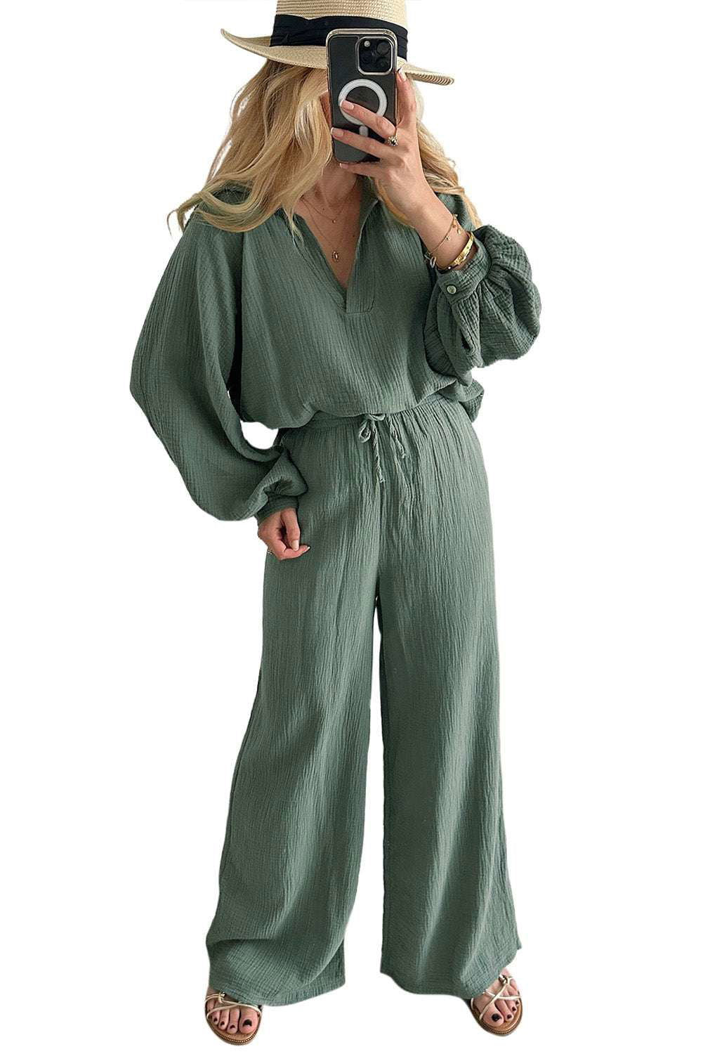 Mist Green Crinkle Split Neck Top Loose Drawstring Pants Set - Vesteeto