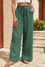 Mist Green Crinkled Tied Waist Wide Leg Pants - Vesteeto