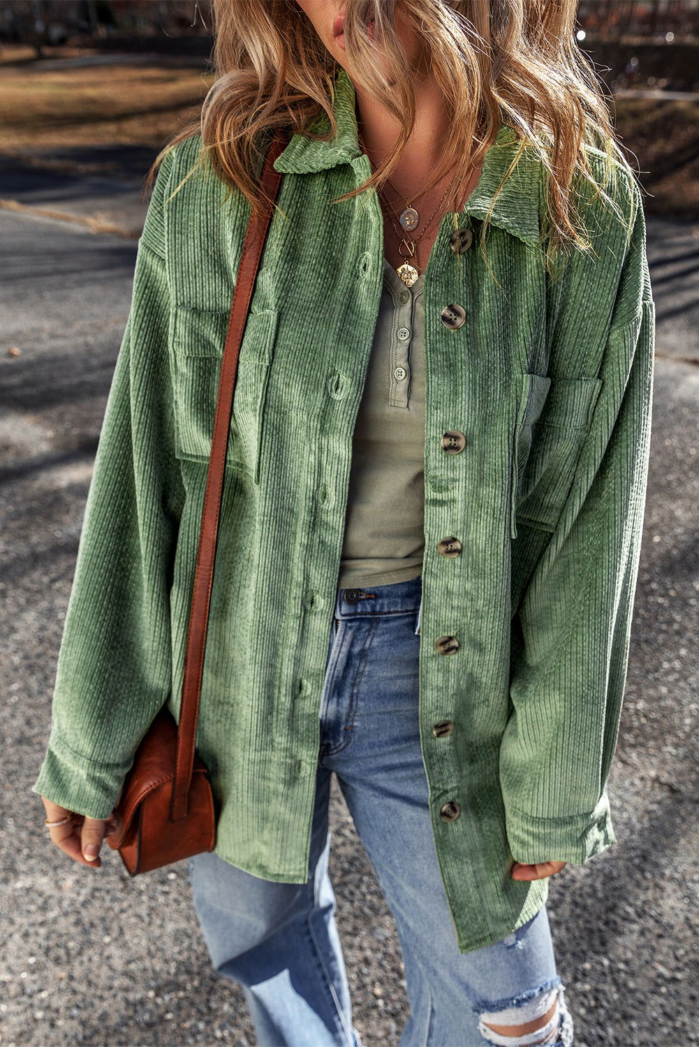 Mist Green Patched Pocket Button-Up Corduroy Shacket - Vesteeto