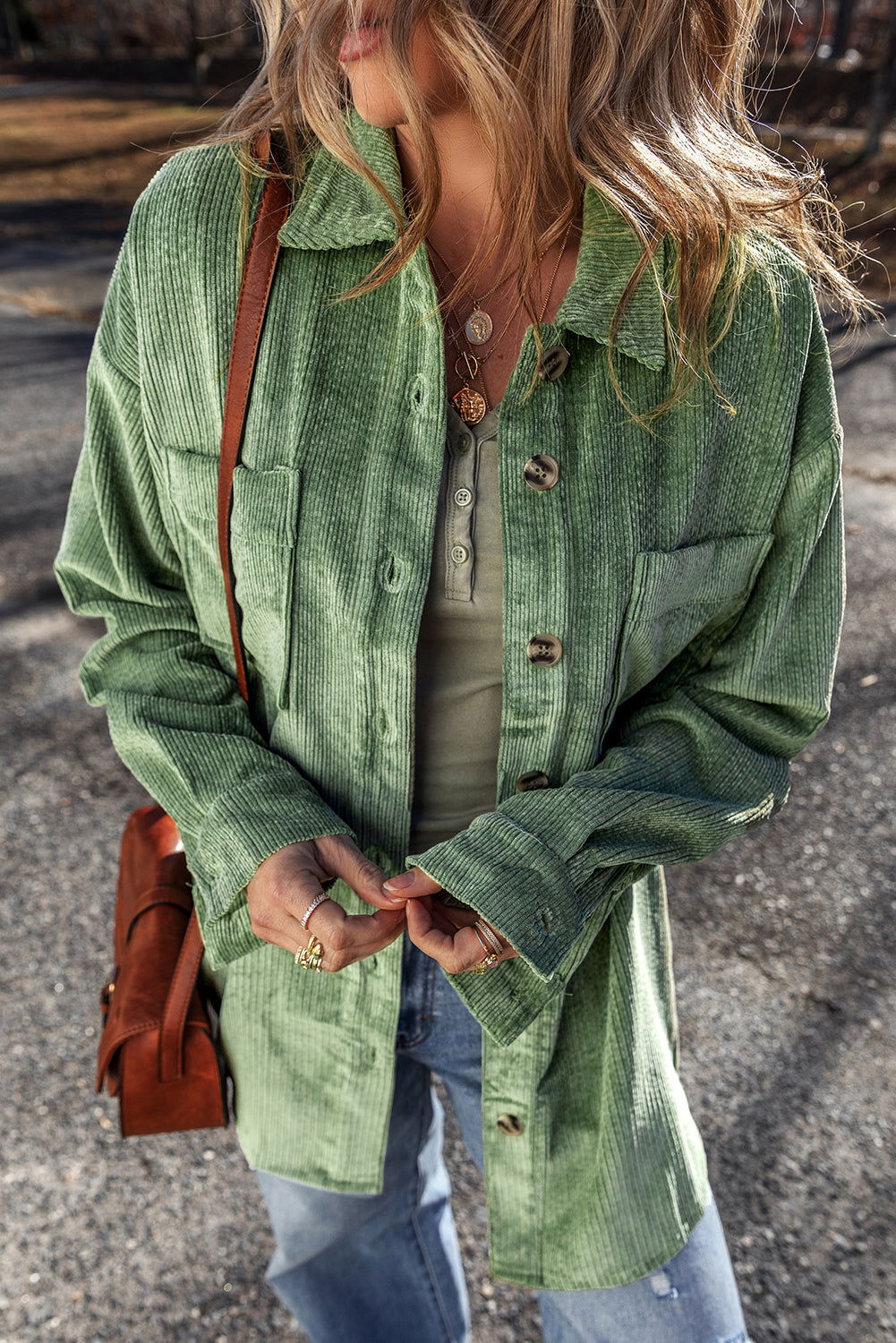 Mist Green Patched Pocket Button-Up Corduroy Shacket - Vesteeto