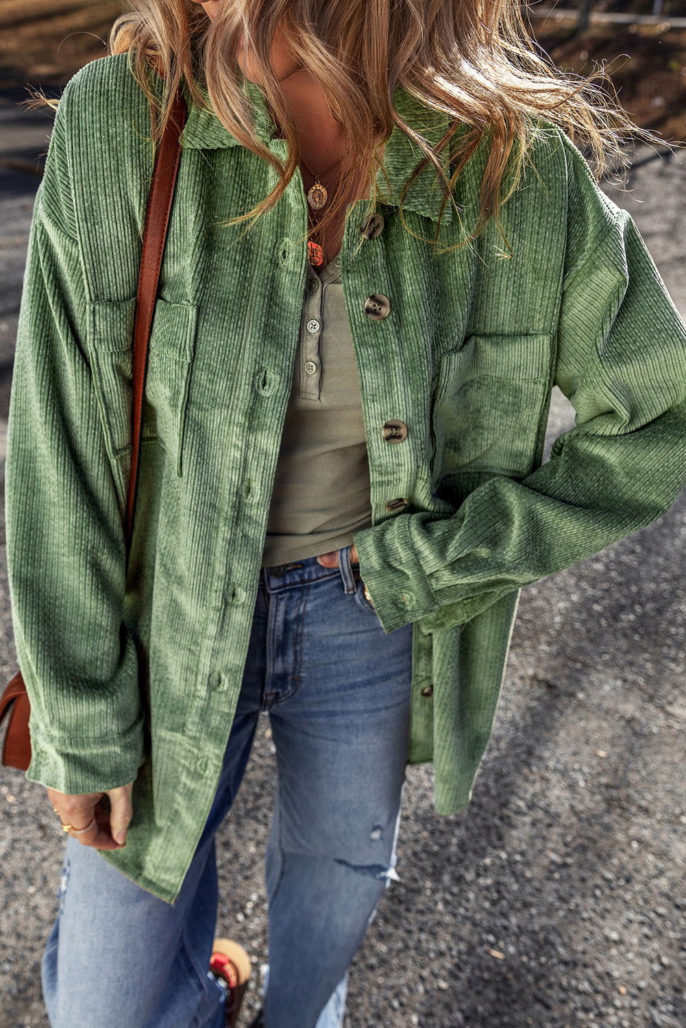 Mist Green Patched Pocket Button-Up Corduroy Shacket - Vesteeto