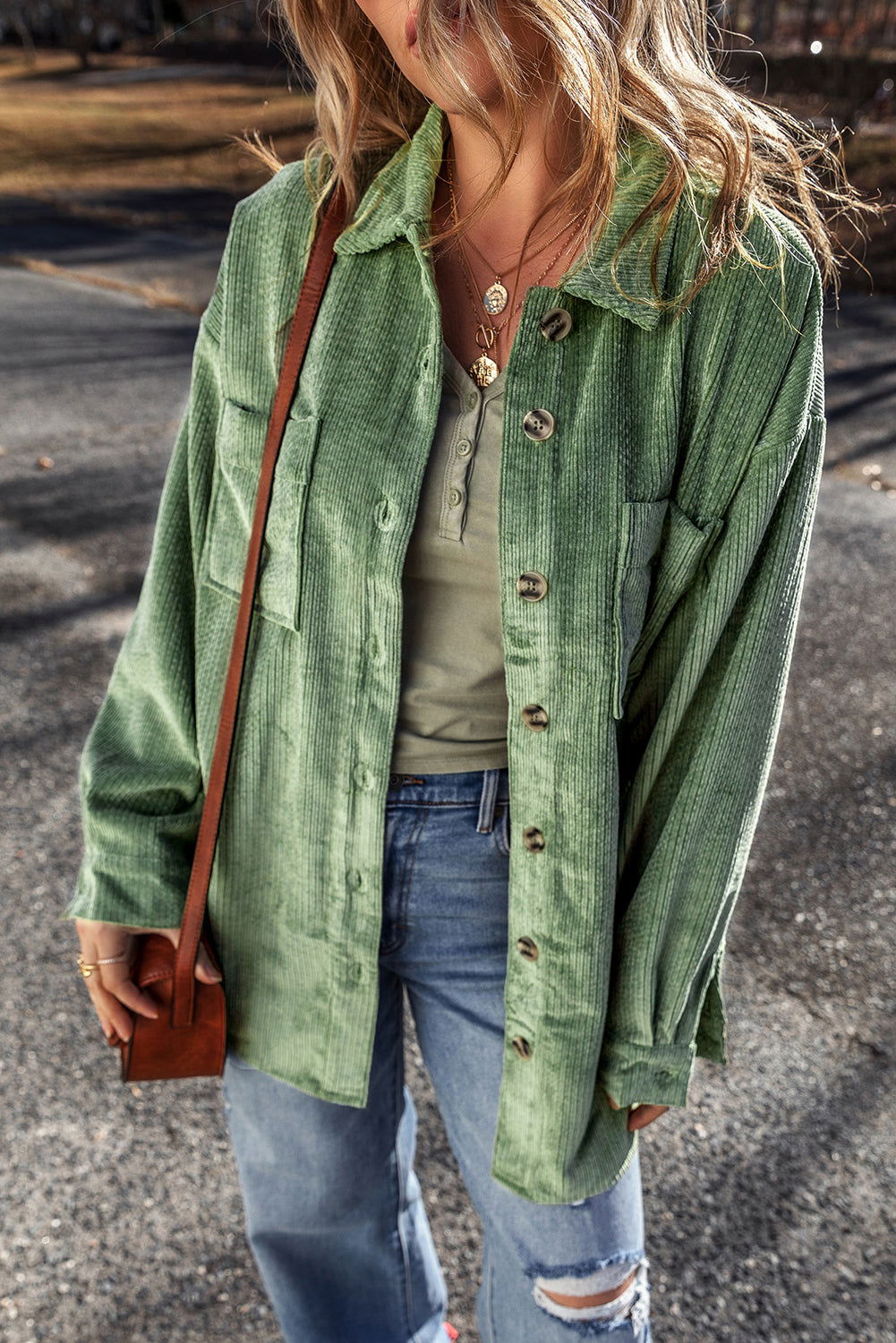 Mist Green Patched Pocket Button-Up Corduroy Shacket - Vesteeto