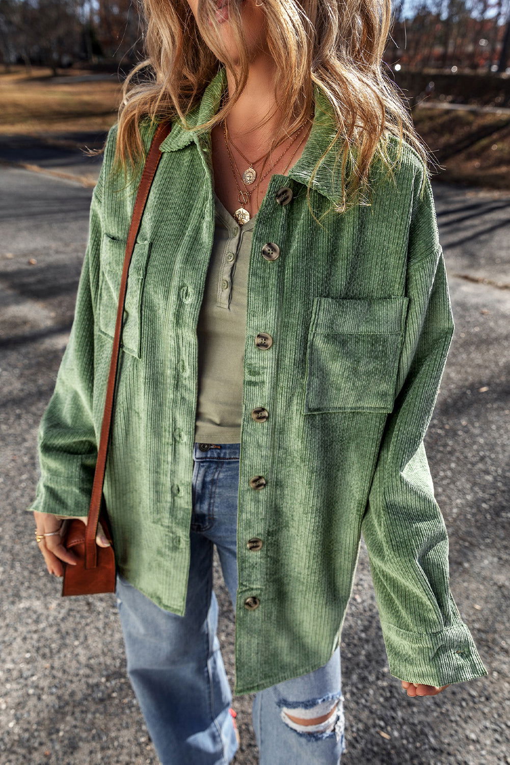 Mist Green Patched Pocket Button-Up Corduroy Shacket - Vesteeto