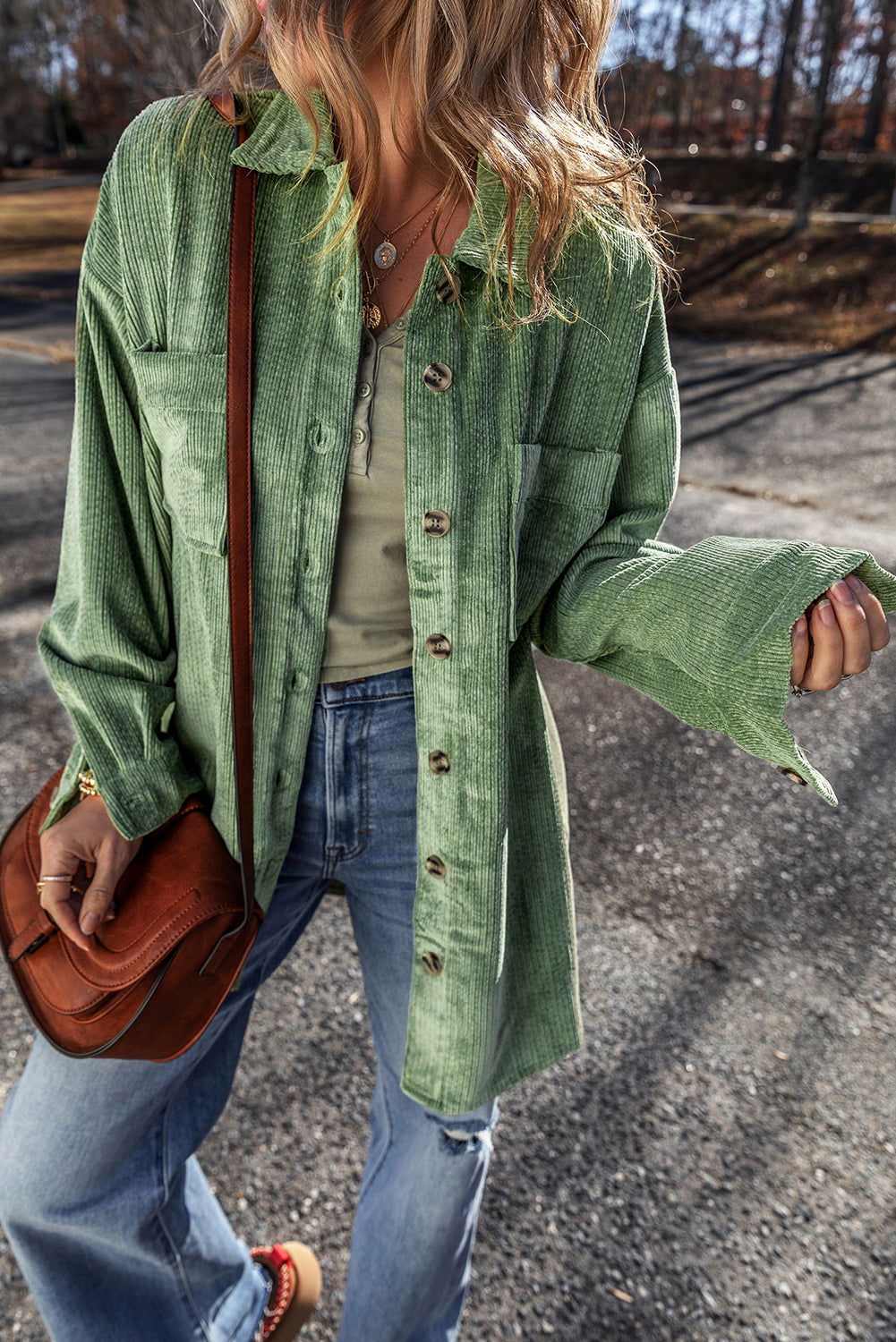 Mist Green Patched Pocket Button-Up Corduroy Shacket - Vesteeto