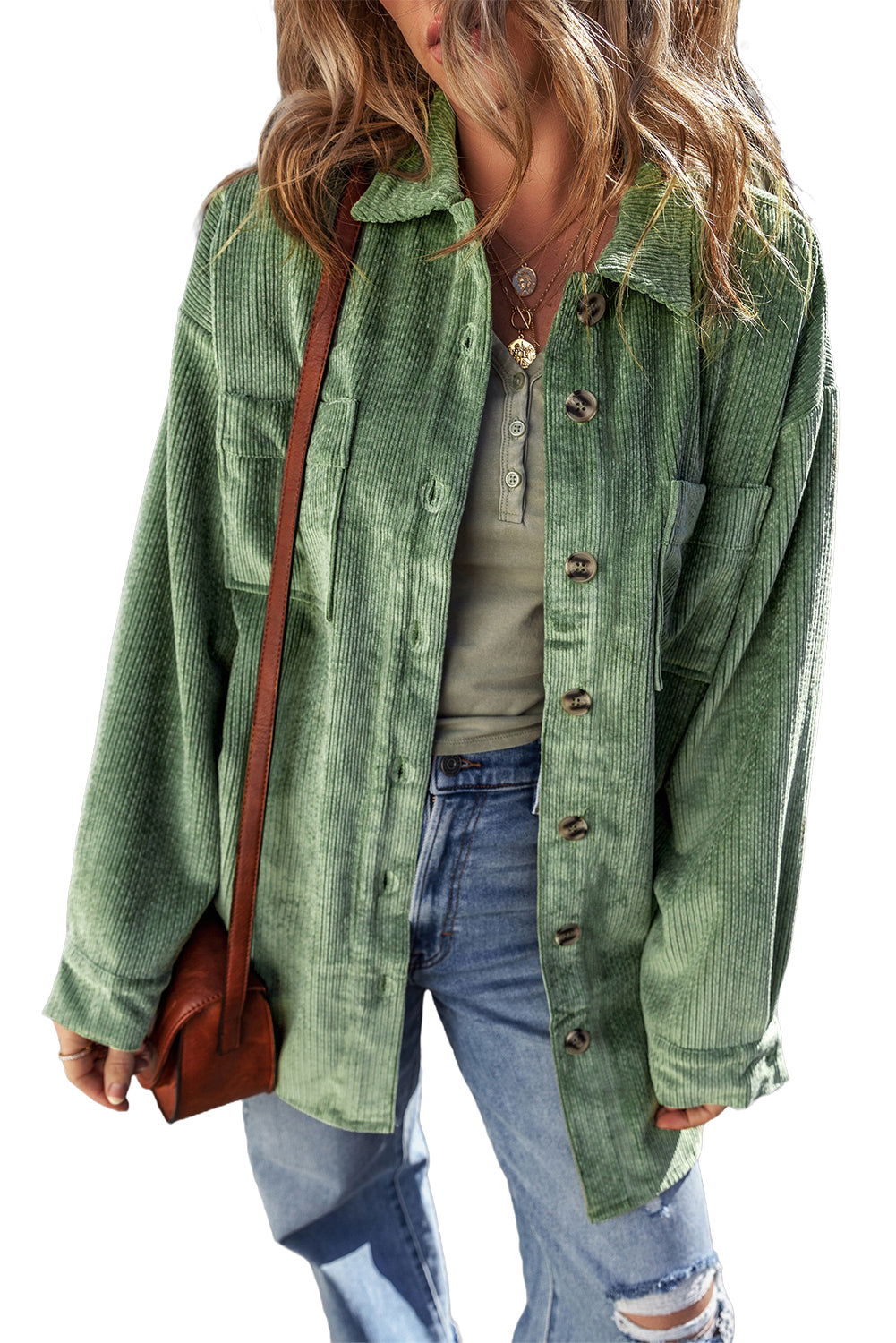 Mist Green Patched Pocket Button-Up Corduroy Shacket - Vesteeto