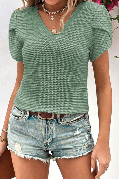 Mist Green Petal Sleeve Waffle Knit V Neck T-Shirt - Vesteeto