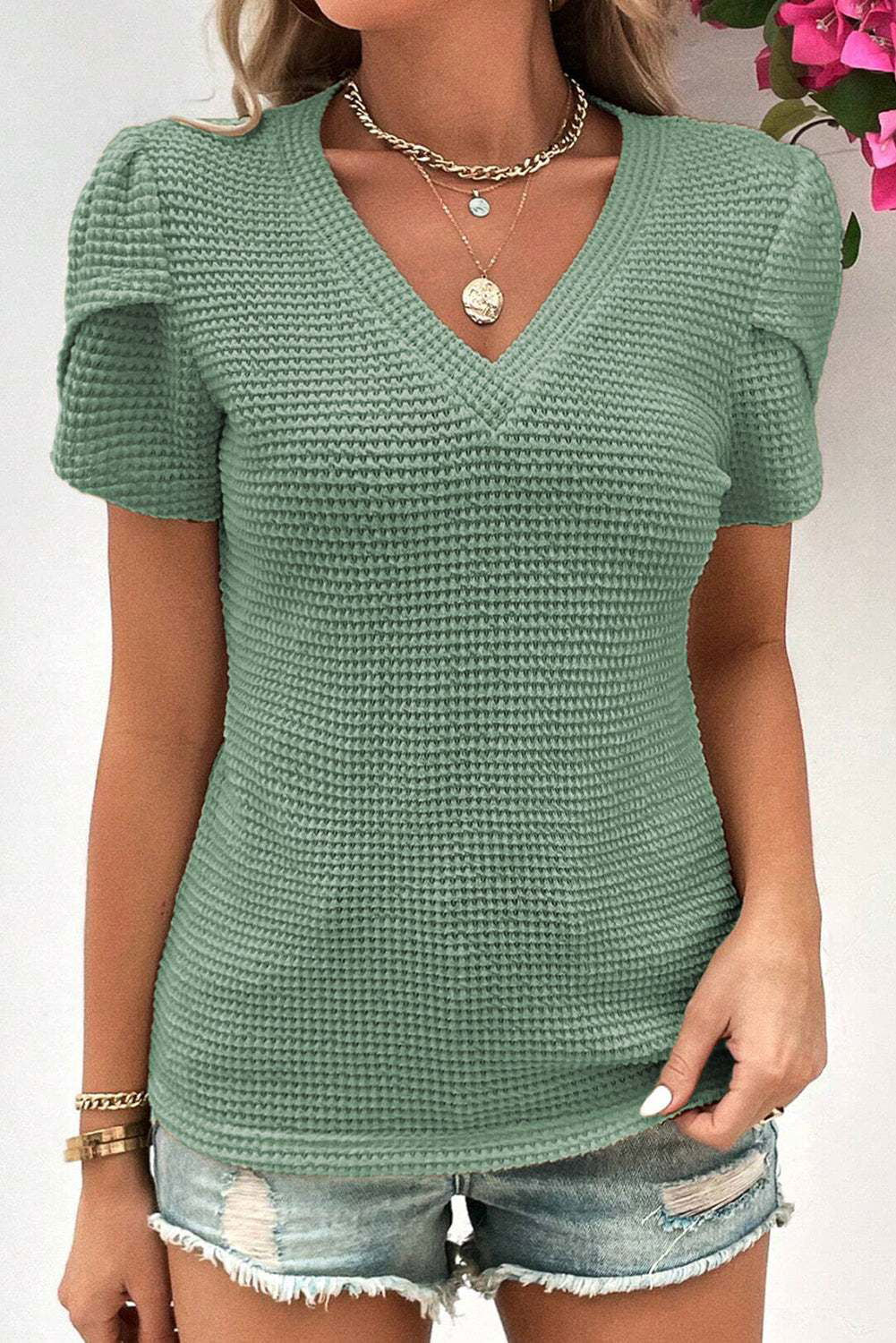 Mist Green Petal Sleeve Waffle Knit V Neck T-Shirt - Vesteeto