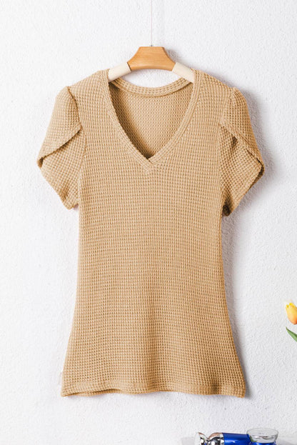 Mist Green Petal Sleeve Waffle Knit V Neck T-Shirt - Vesteeto