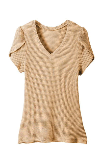 Mist Green Petal Sleeve Waffle Knit V Neck T-Shirt - Vesteeto