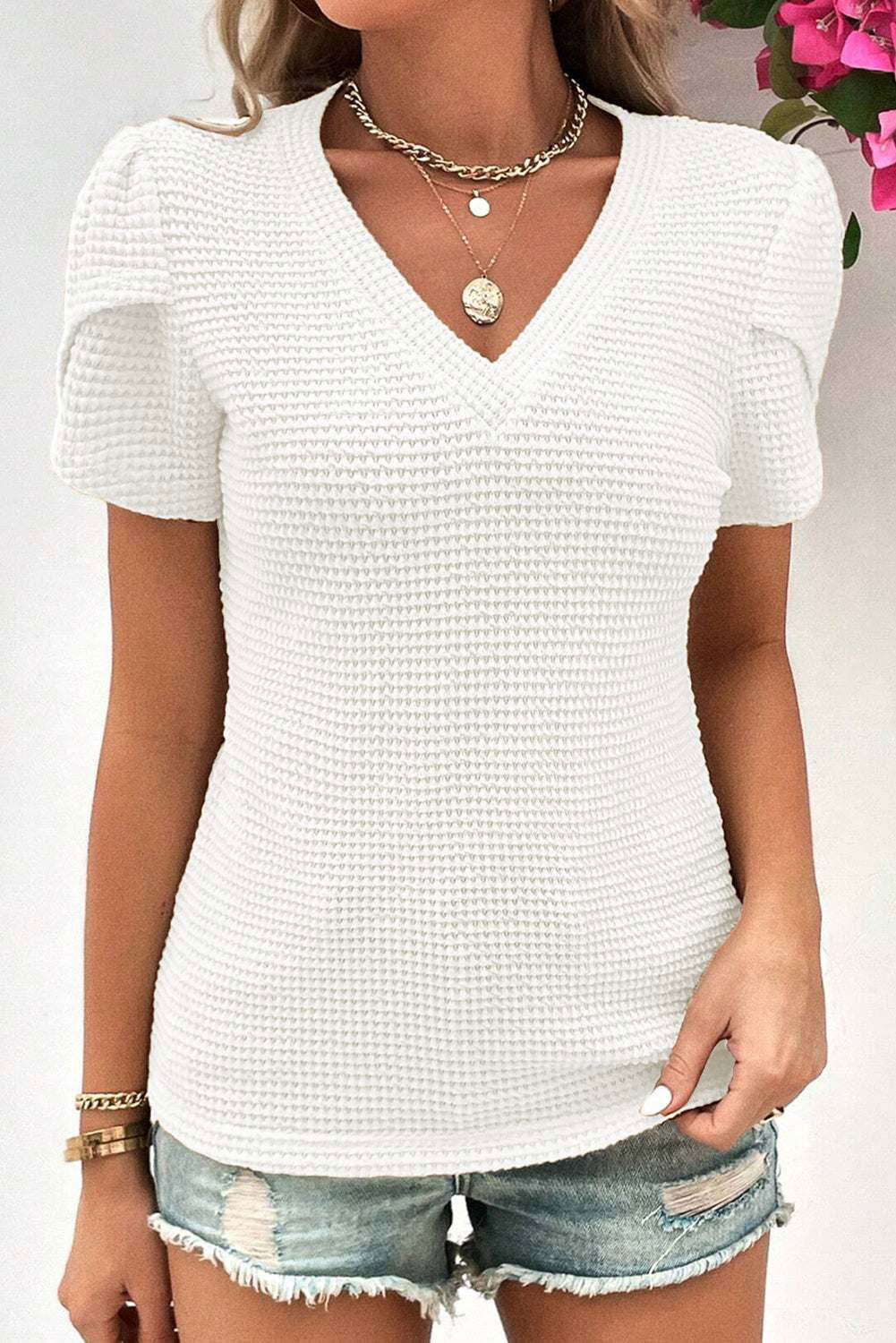 Mist Green Petal Sleeve Waffle Knit V Neck T-Shirt - Vesteeto