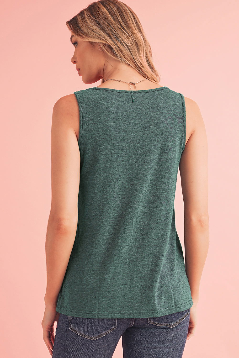 Mist Green Solid Color V Neck Pleated Tank Top - Vesteeto