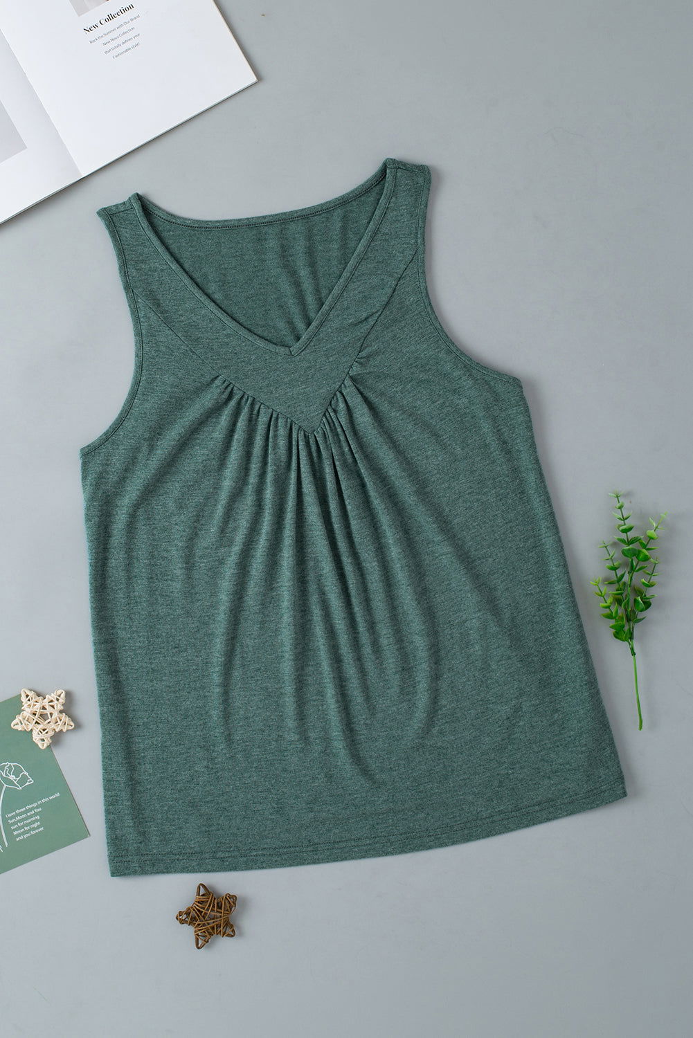 Mist Green Solid Color V Neck Pleated Tank Top - Vesteeto