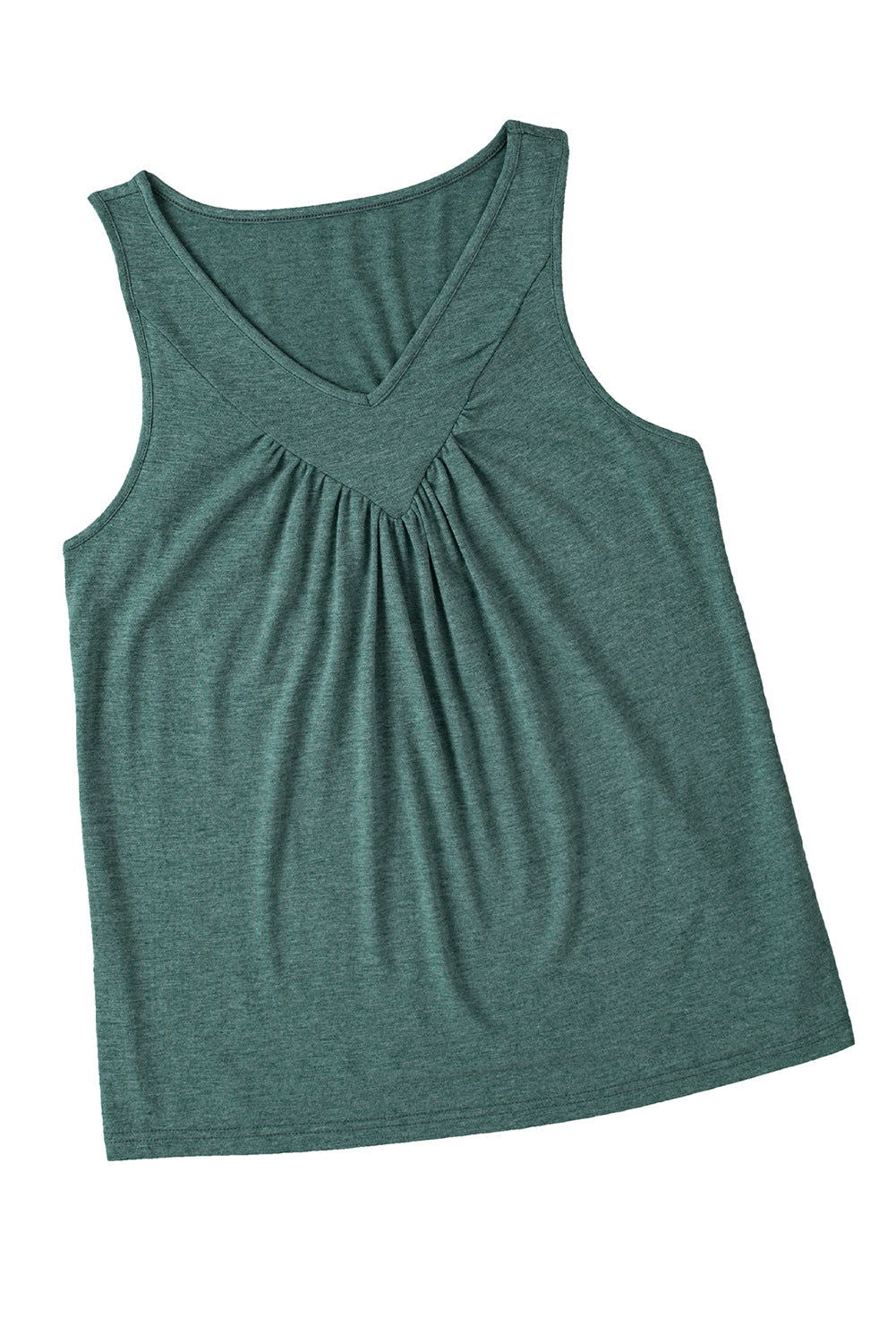 Mist Green Solid Color V Neck Pleated Tank Top - Vesteeto