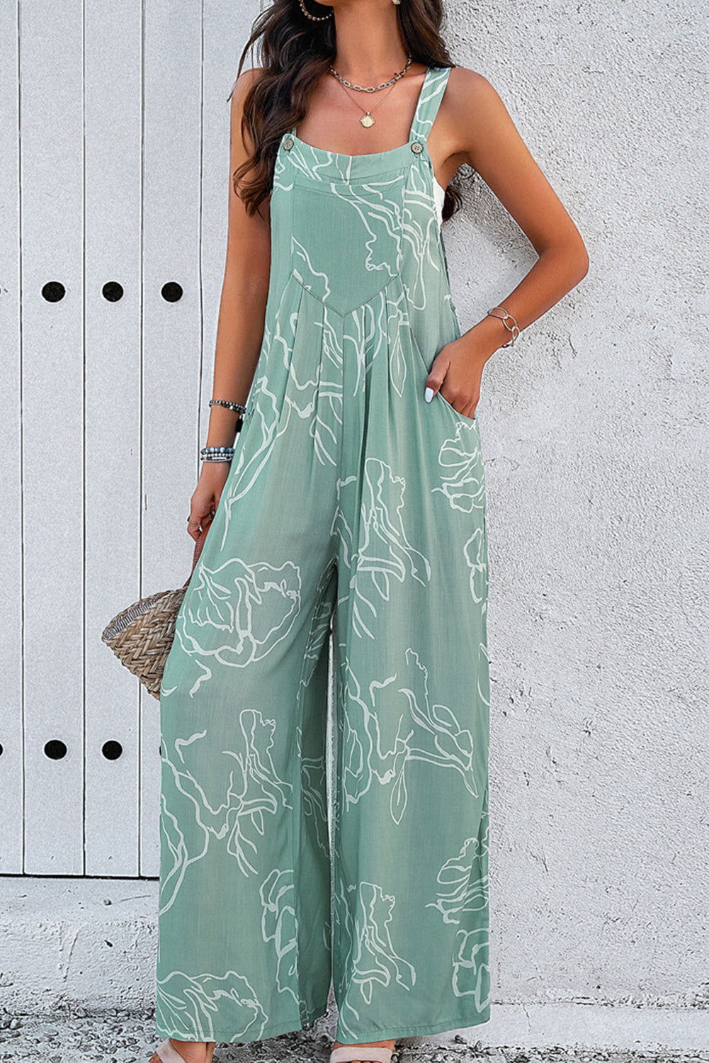 Moonlight Jade Abstract Print Wide Leg Bib Overall - Vesteeto