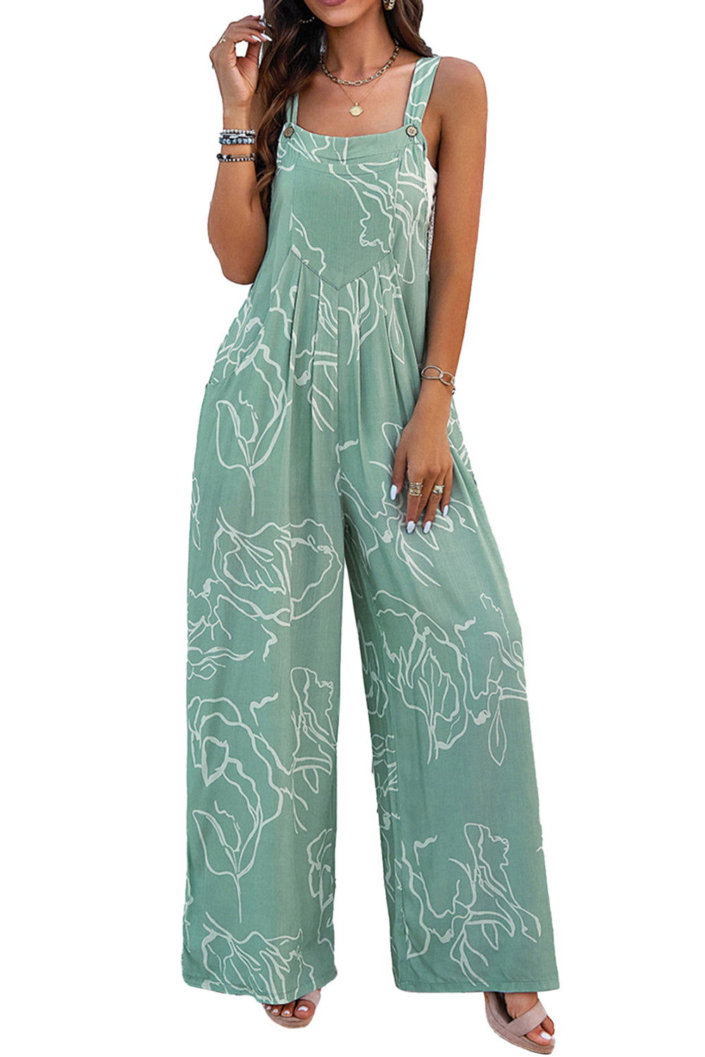 Moonlight Jade Abstract Print Wide Leg Bib Overall - Vesteeto