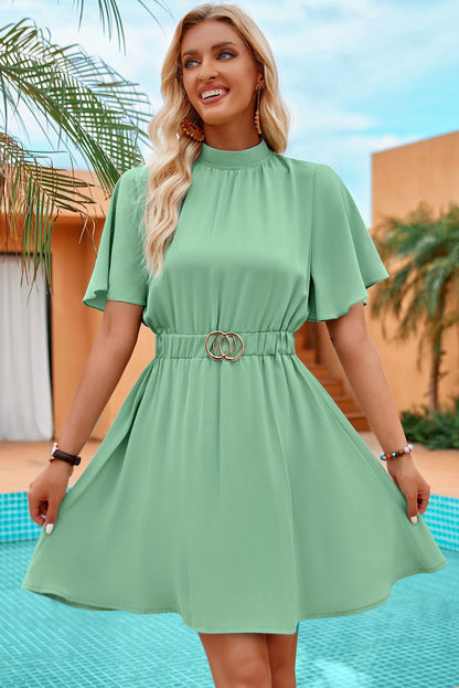 Moonlight Jade Mock Neck Flutter Sleeve Short Dress - Vesteeto