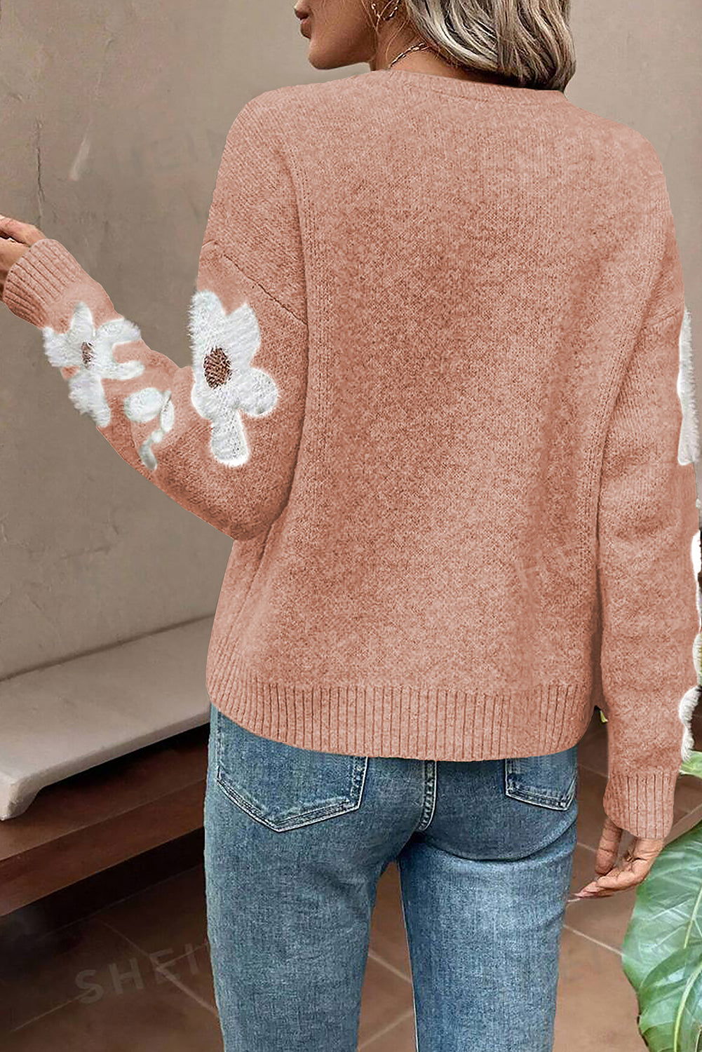 Moss Green Flower Drop Shoulder Sleeve Sweater - Vesteeto