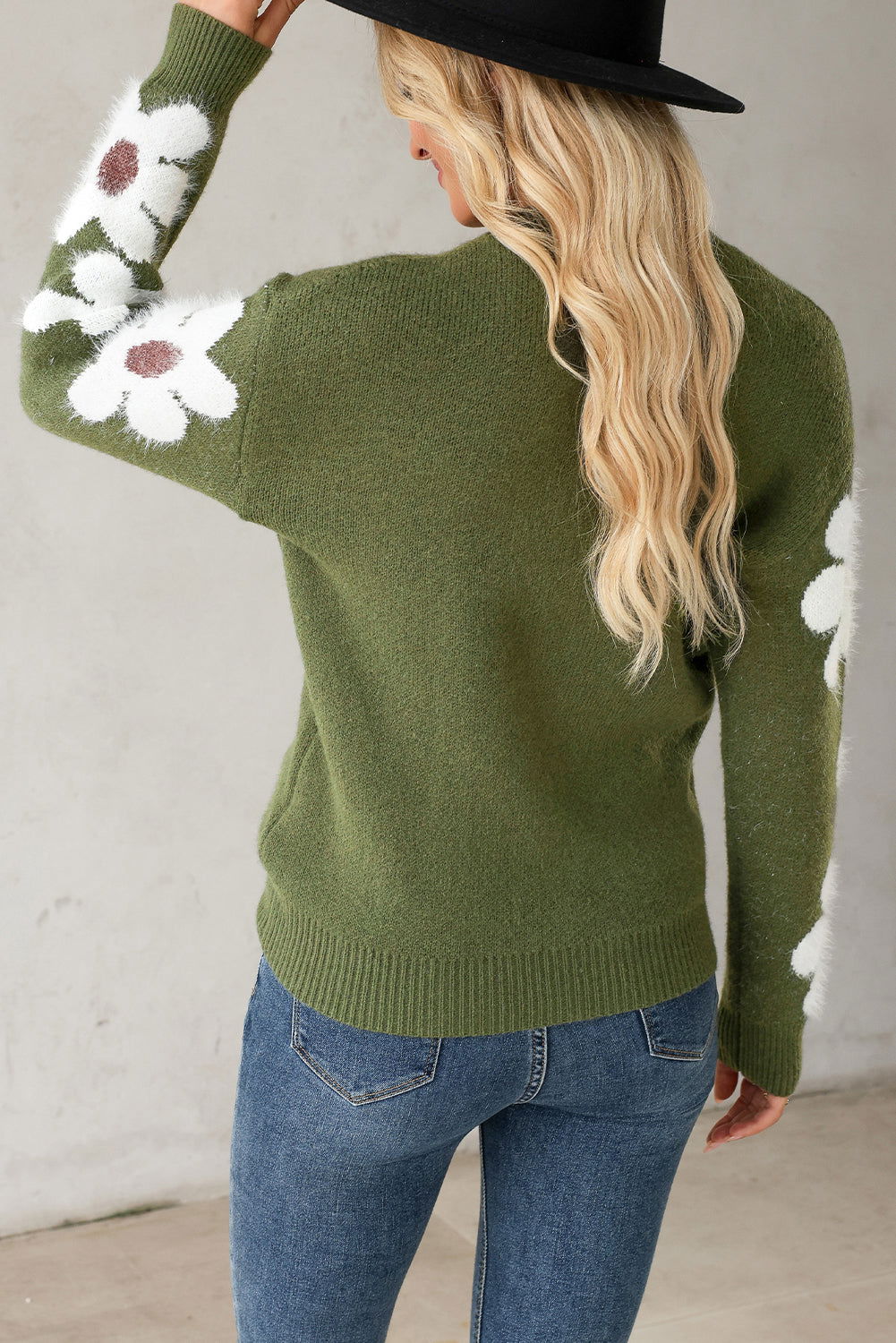 Moss Green Flower Drop Shoulder Sleeve Sweater - Vesteeto