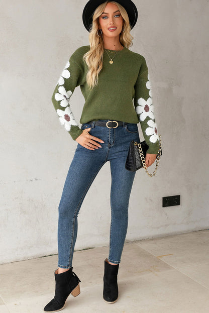 Moss Green Flower Drop Shoulder Sleeve Sweater - Vesteeto