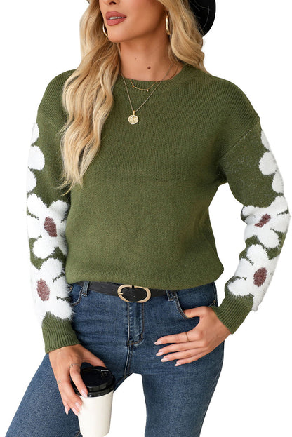 Moss Green Flower Drop Shoulder Sleeve Sweater - Vesteeto