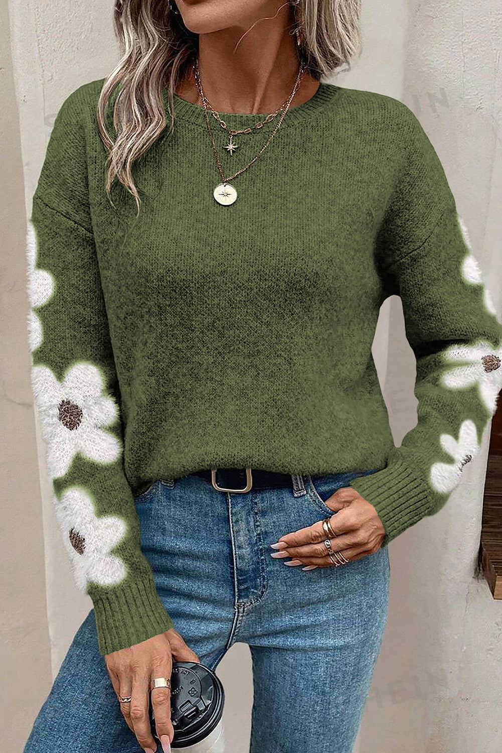 Moss Green Flower Drop Shoulder Sleeve Sweater - Vesteeto