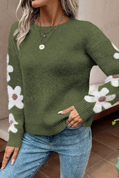 Moss Green Flower Drop Shoulder Sleeve Sweater - Vesteeto