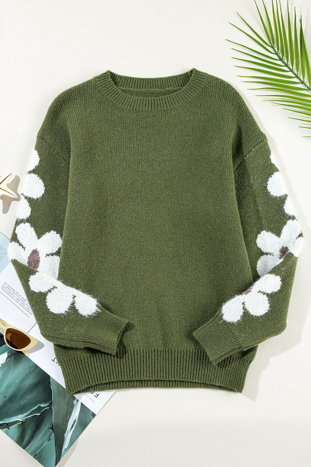 Moss Green Flower Drop Shoulder Sleeve Sweater - Vesteeto