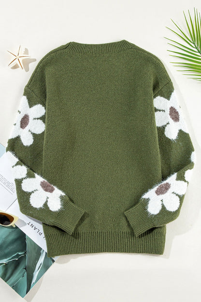 Moss Green Flower Drop Shoulder Sleeve Sweater - Vesteeto