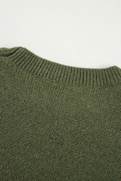 Moss Green Flower Drop Shoulder Sleeve Sweater - Vesteeto